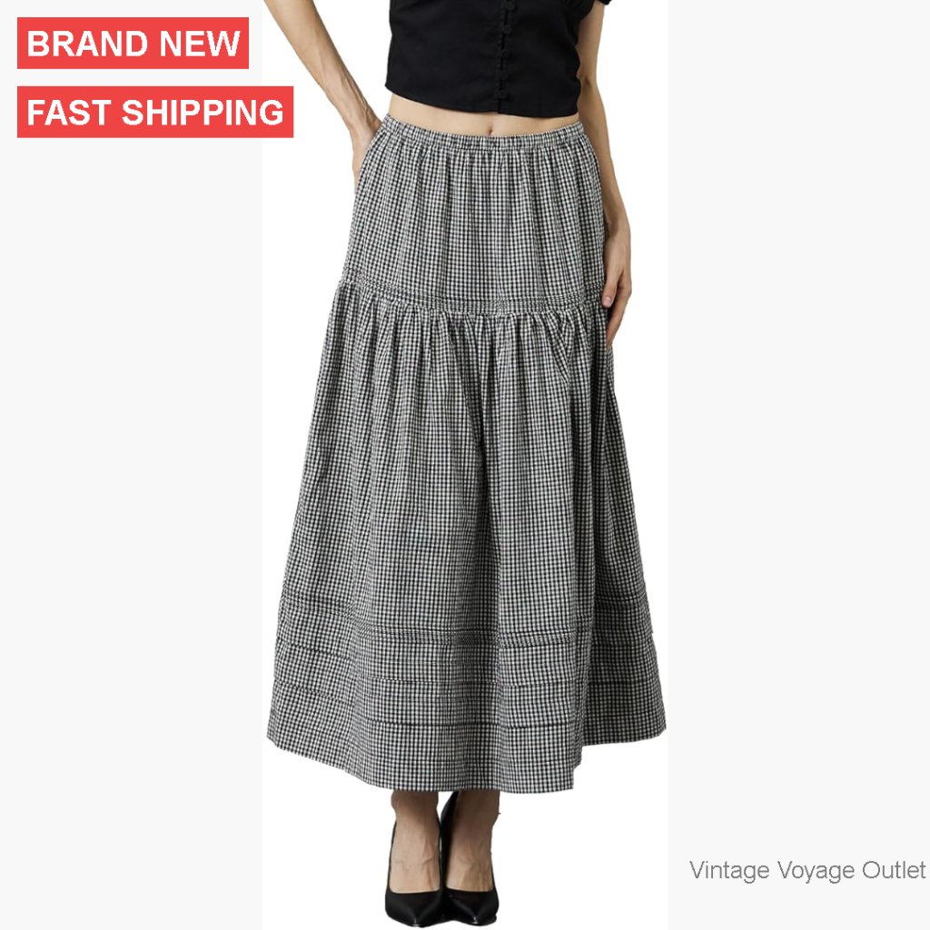 White Cotton Maxi Skirt Elastic Waist A-Line Flowy Tiered Lace Trim